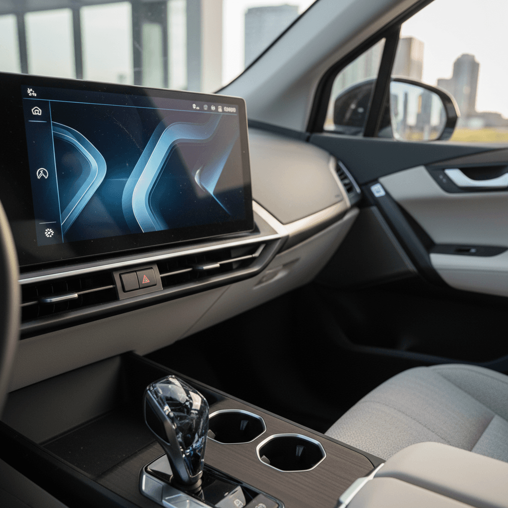 BMW iX curved display showing iDrive 8.5 software and navigation view while parked at a fast charger