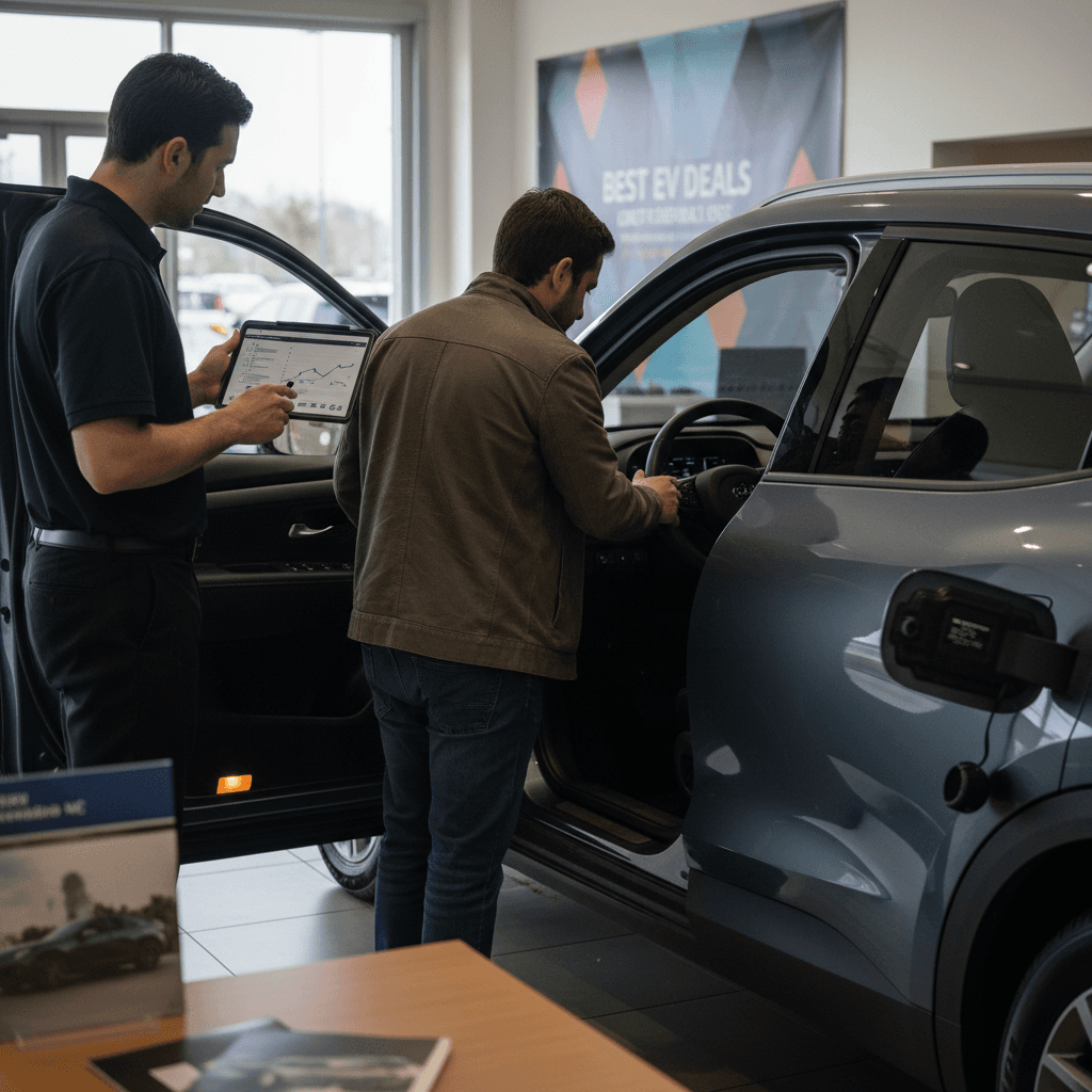 Customer reviewing an EV battery health report on a tablet next to a used electric car in a showroom