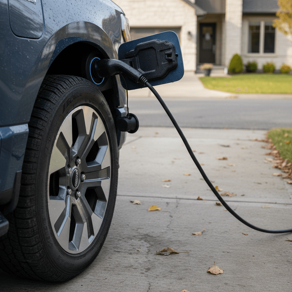 Ford F-150 Lightning electric pickup plugged into home charger with close view of front wheel and charge port