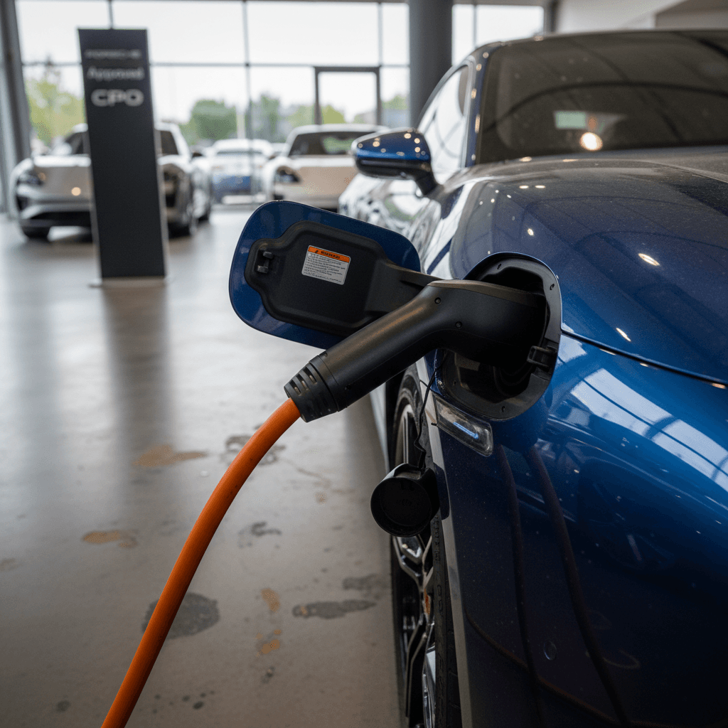 Porsche Taycan plugged into a fast charger at a dealership service drive