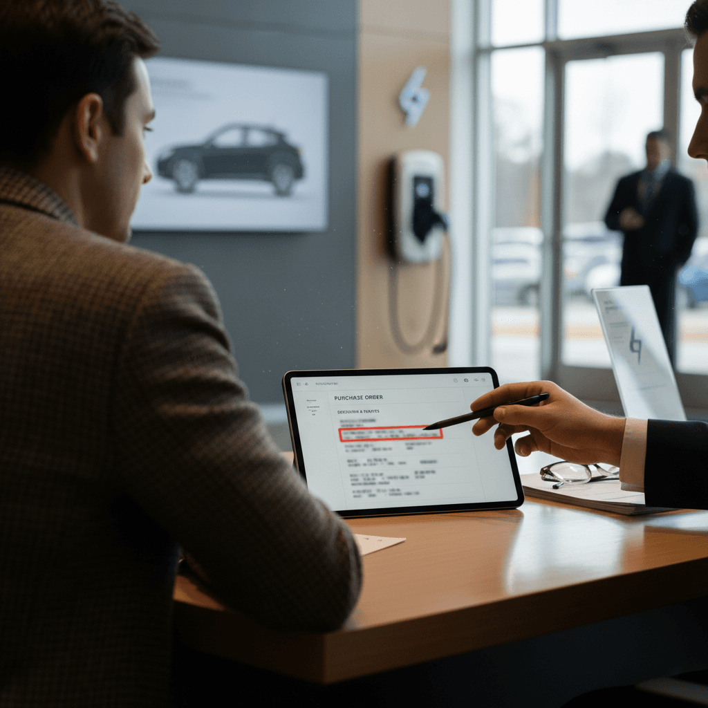 Customer and EV specialist reviewing a purchase order that highlights Connecticut EV rebates and dealer discounts at a modern showroom desk.
