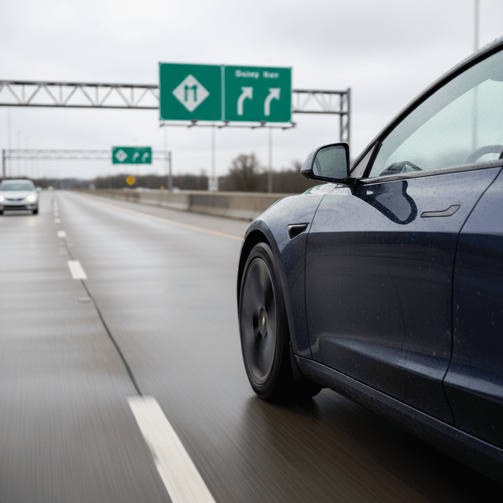 Electric vehicle traveling in a Maryland HOV lane with roadside HOV-2 signage