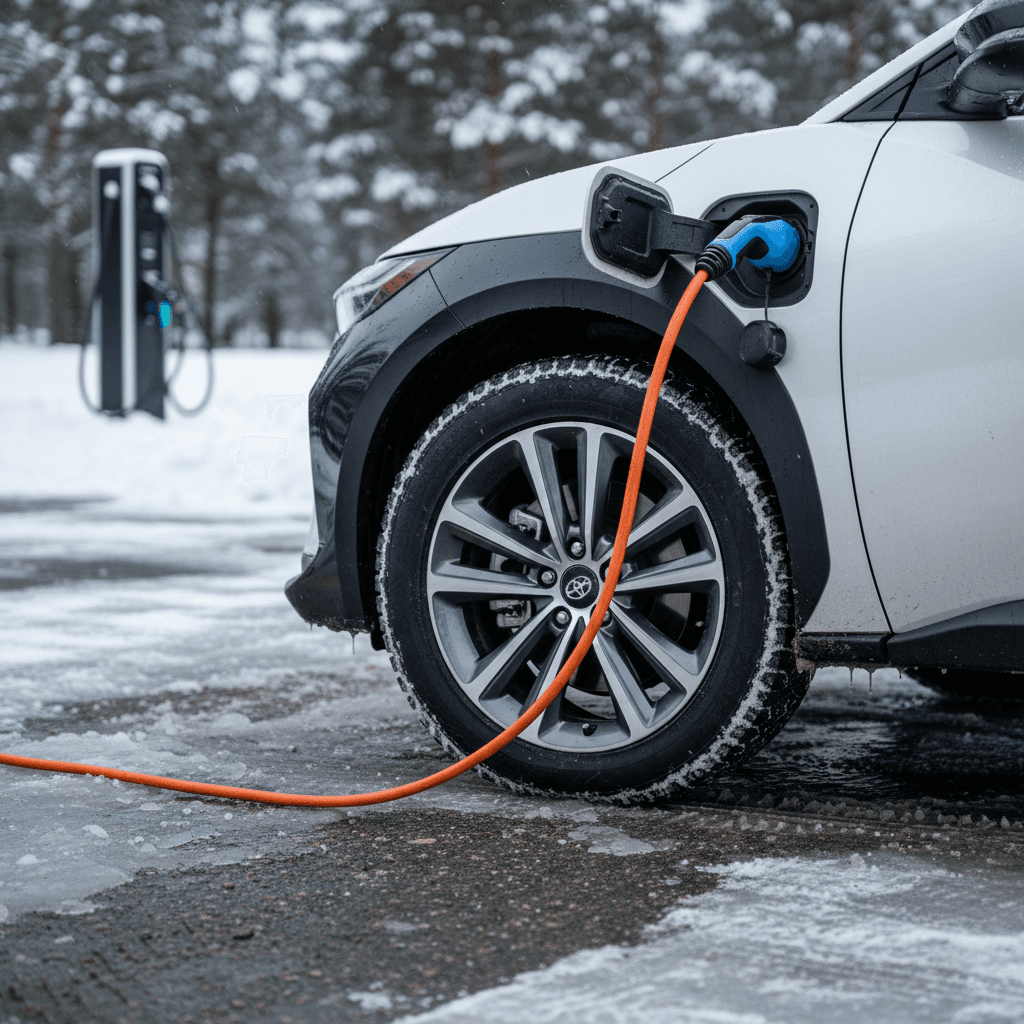 Toyota bZ4X plugged into a DC fast charger in snowy conditions