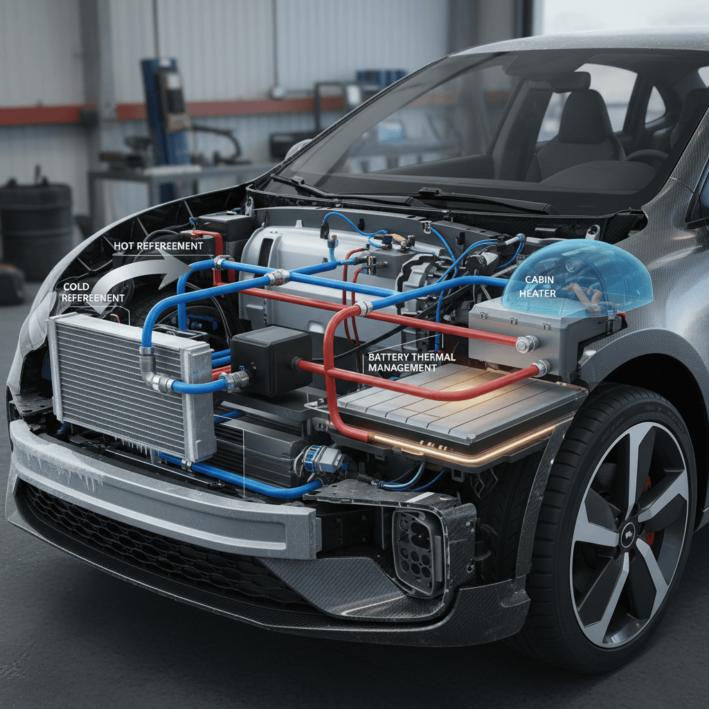 Simplified diagram of an electric vehicle heat pump moving heat between outside air, the cabin, and the battery pack in winter