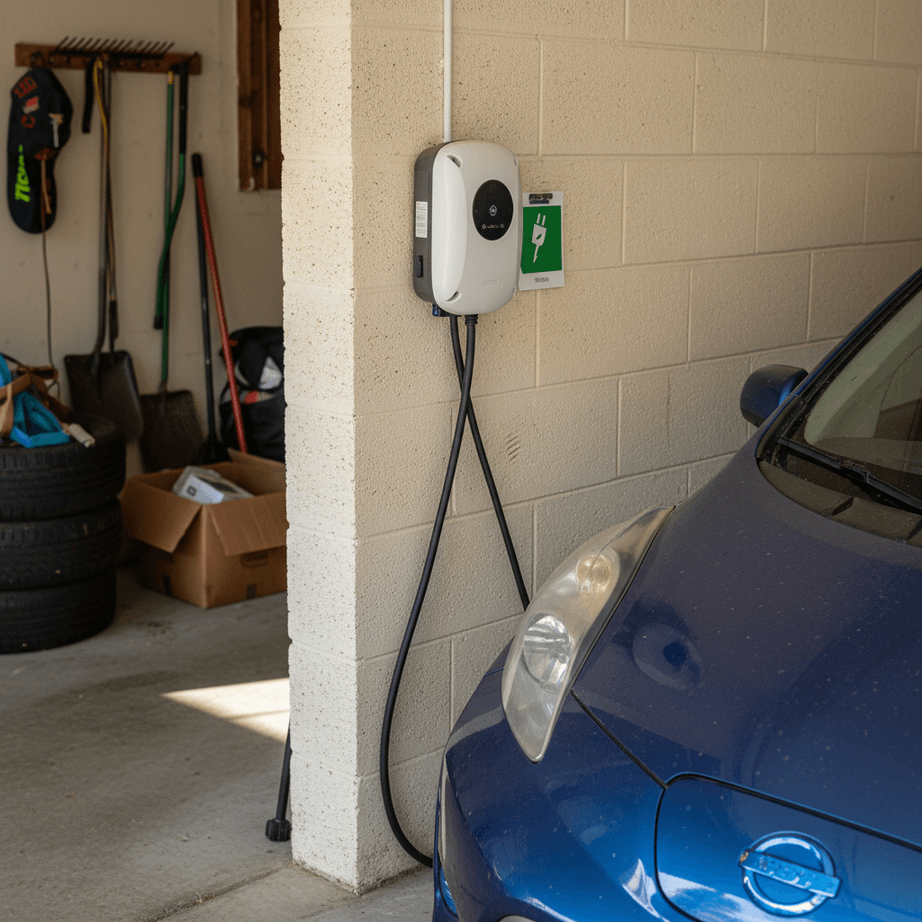 Home garage in South Carolina with a Level 2 EV charger mounted on the wall and plugged into an electric car