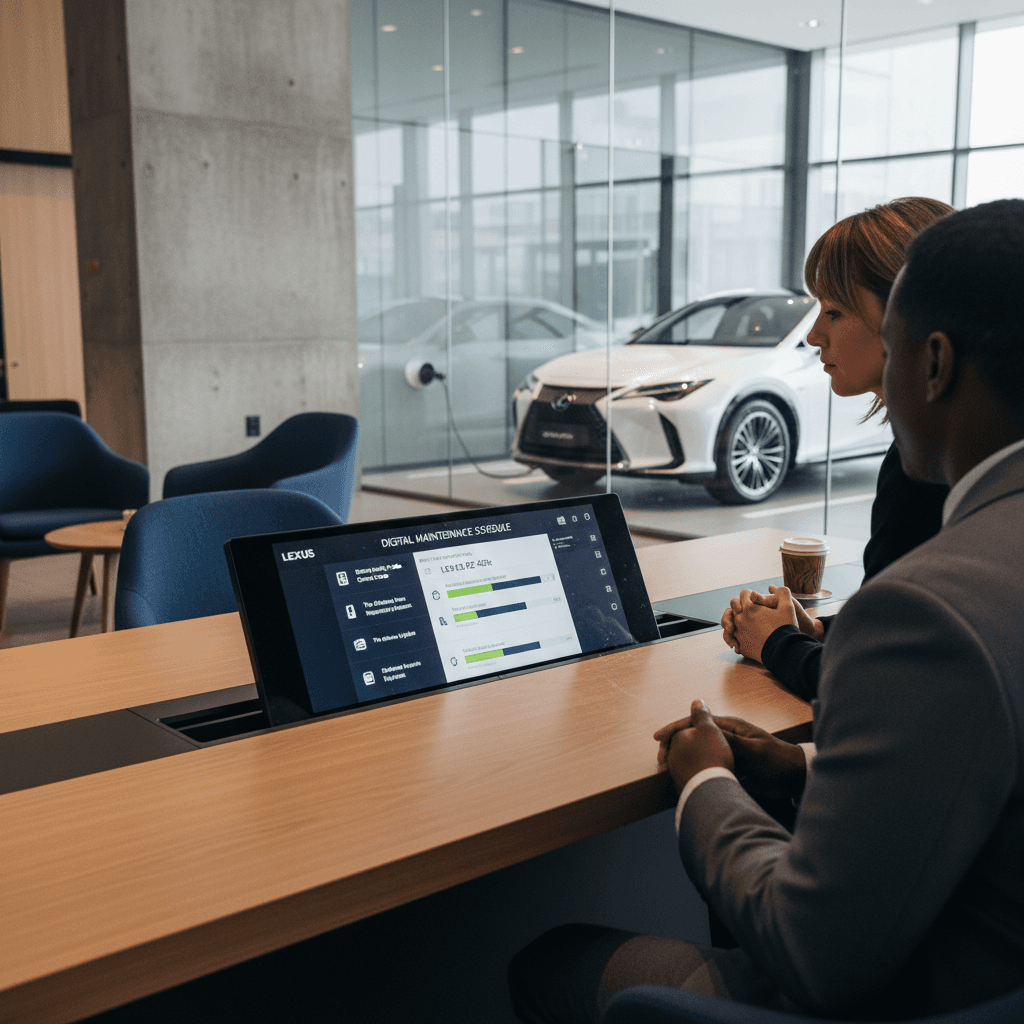 Lexus service advisor and RZ owner reviewing digital maintenance schedule on a tablet in a dealership lounge