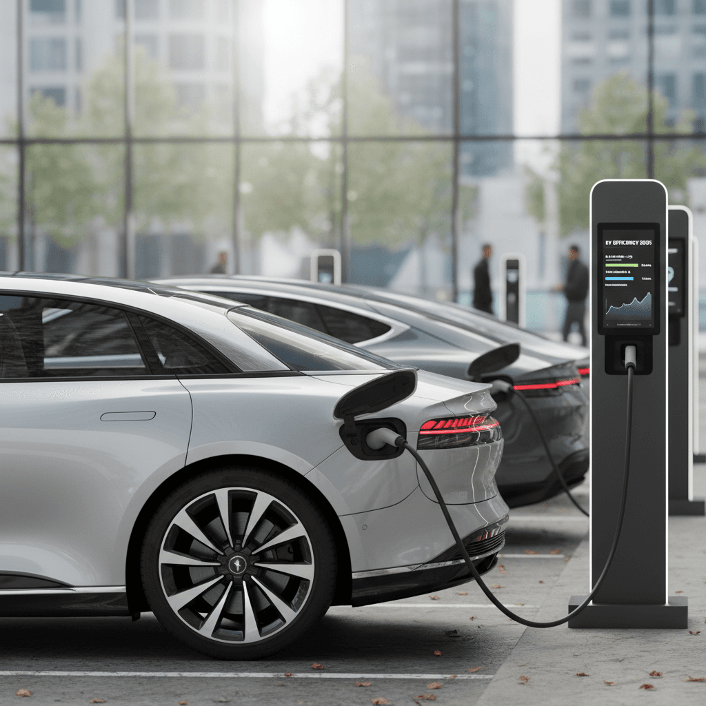 Lineup of several efficient 2025 electric cars parked at fast chargers, including sedans and crossovers, with efficiency data visualized above them