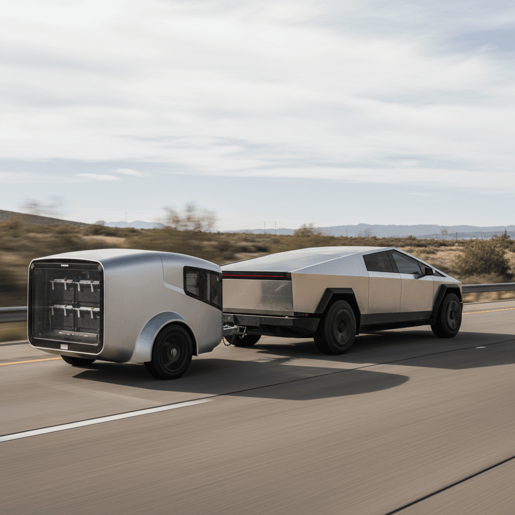 Tesla Cybertruck towing a trailer on an open highway, illustrating long-term utility and ownership