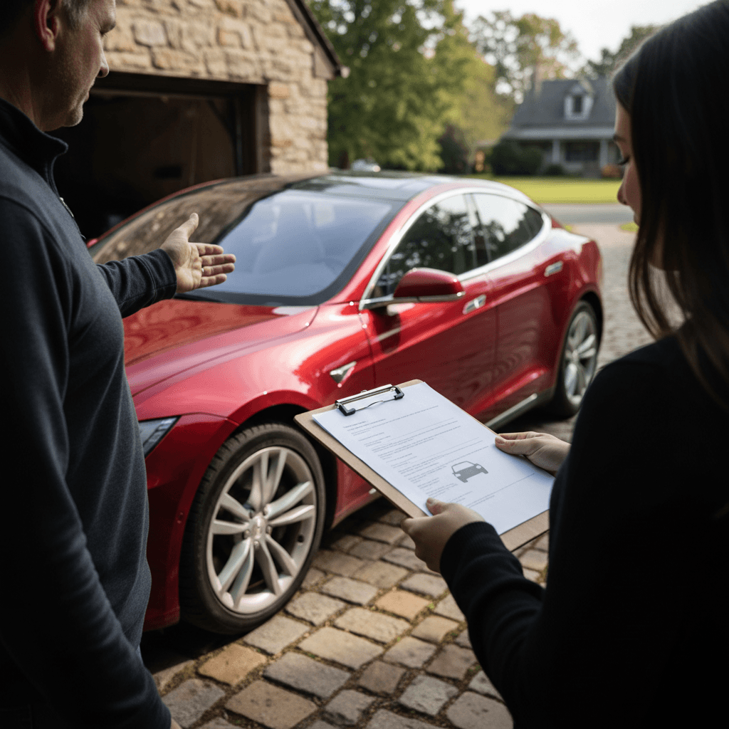 Seller and buyer standing beside a blue Kia EV6 reviewing paperwork before a test drive