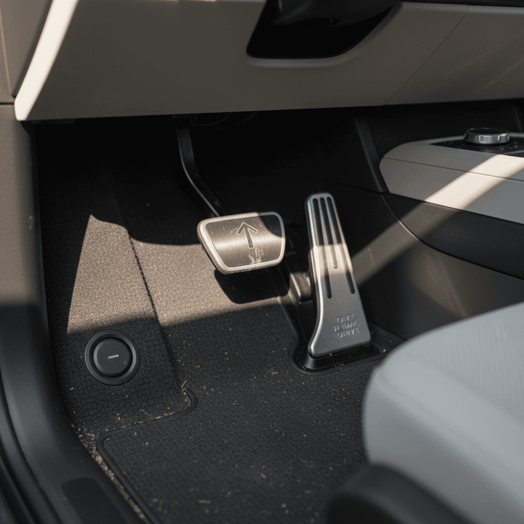 Close-up of an EV accelerator and brake pedal, emphasizing how lifting off the accelerator activates one-pedal driving regen instead of using the brake.