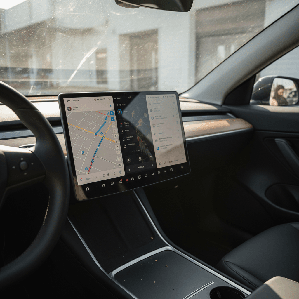 Tesla Model Y touchscreen with a matte screen protector installed, reducing reflections from side window sunlight