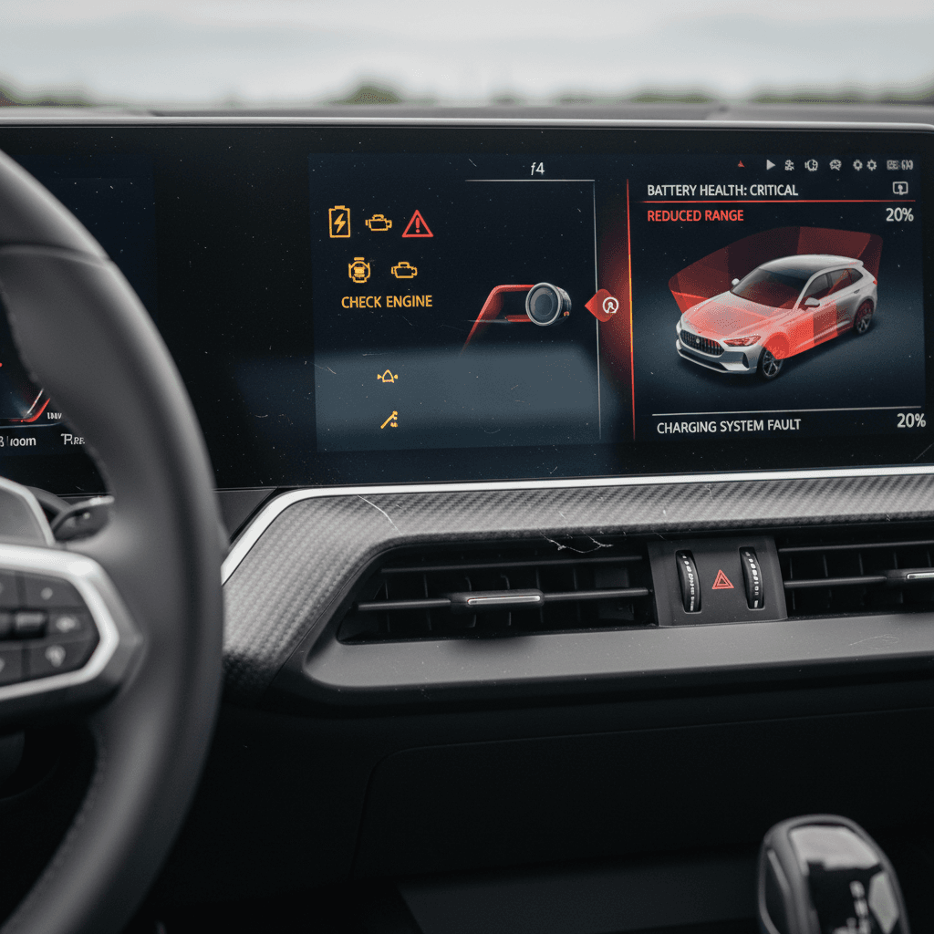 BMW iX digital instrument cluster showing warning messages and high-voltage system alerts