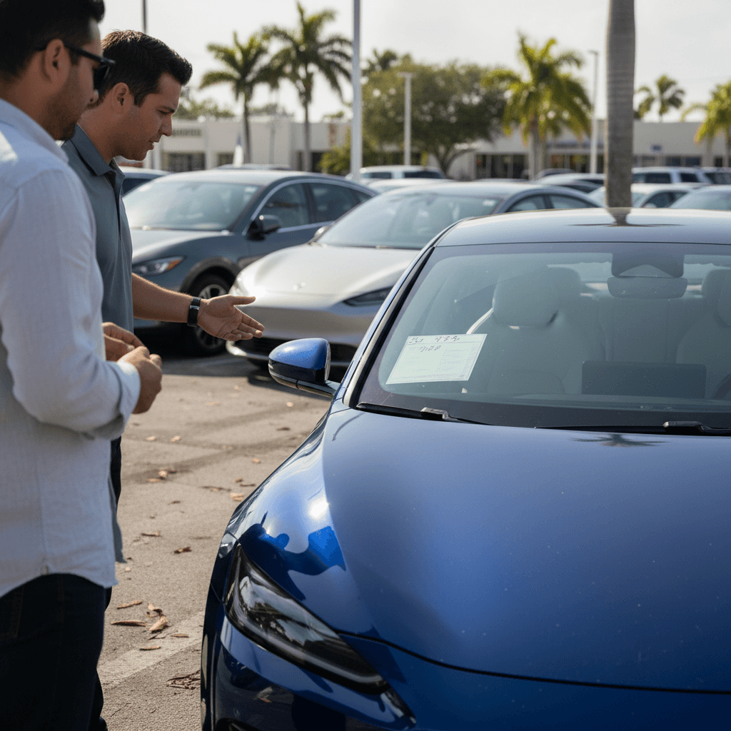 Shopper comparing prices on used electric cars at a sunny Miami dealership lot