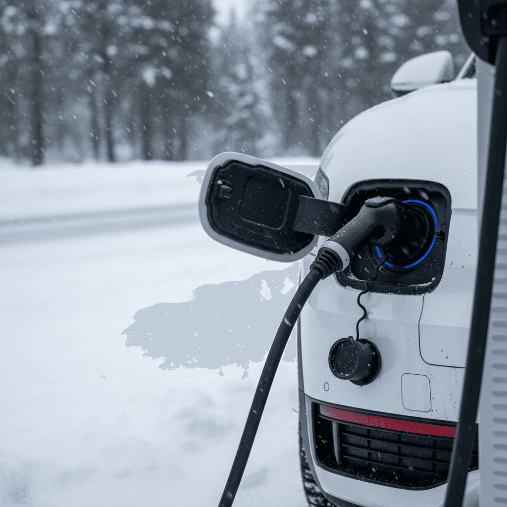 Kia EV9 plugged into a DC fast charger in winter conditions, highlighting potential charging issues in cold weather