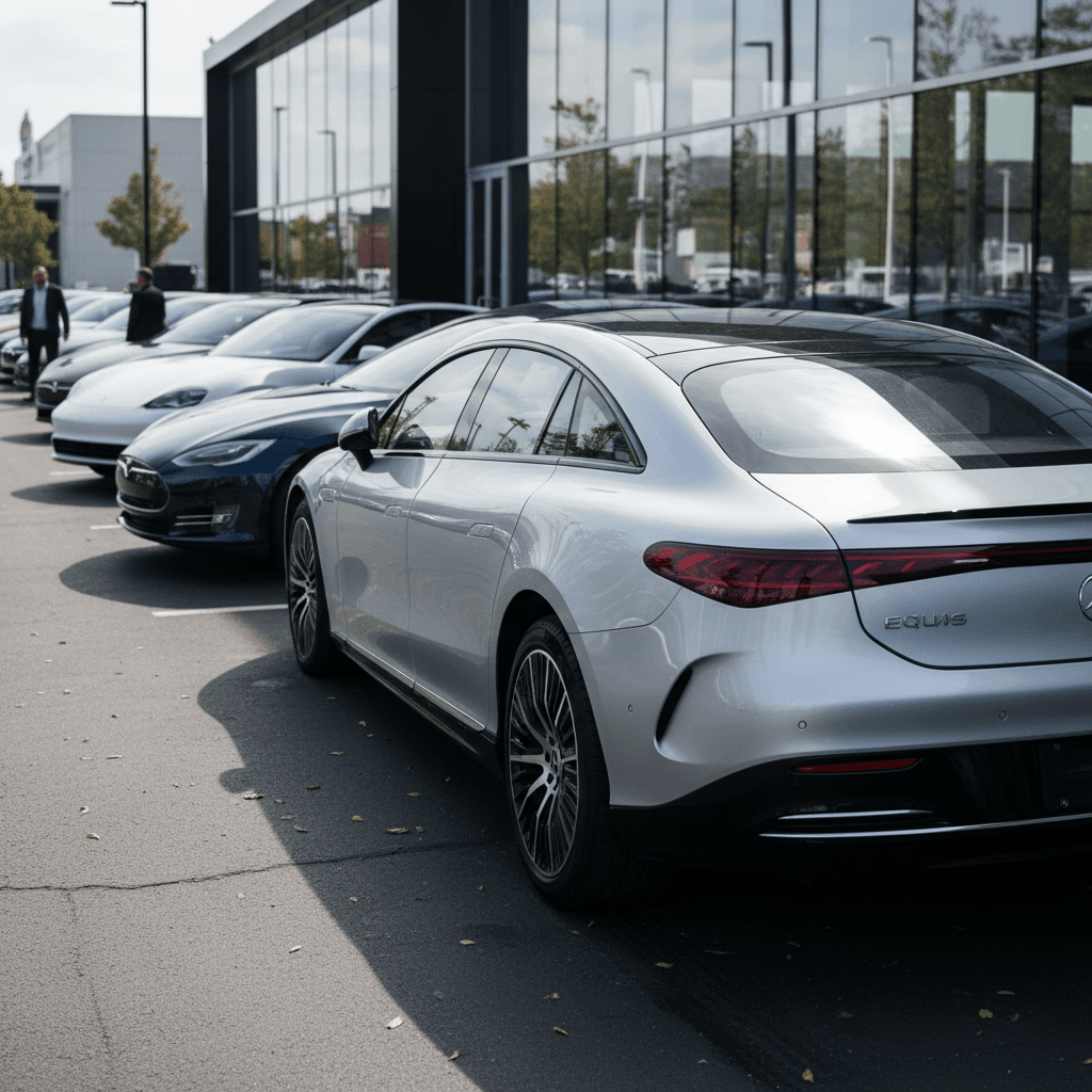 Lineup of used luxury electric vehicles in a bright showroom with transparent pricing labels.