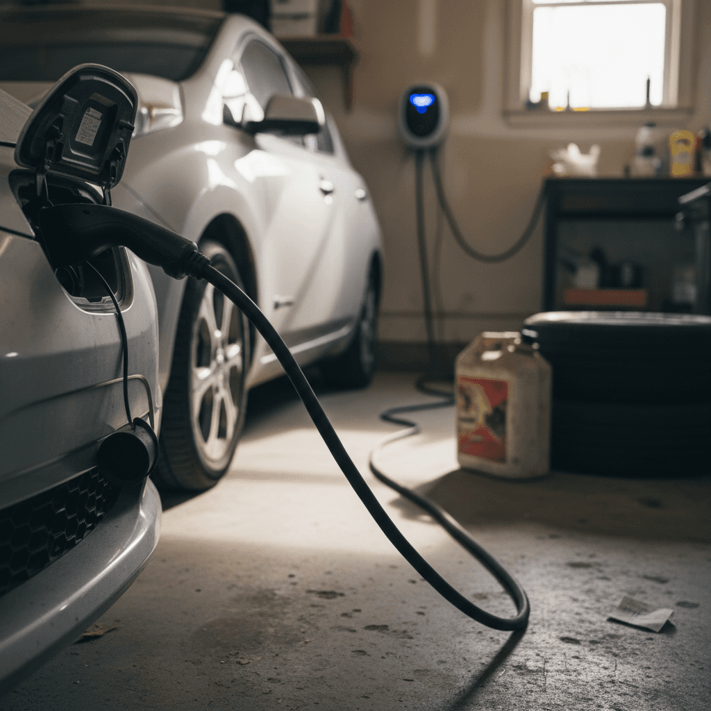 Electric vehicle plugged into a home charger in a residential garage