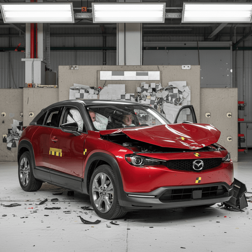 Mazda MX-30 positioned in a crash test laboratory with impact barriers and test dummies nearby