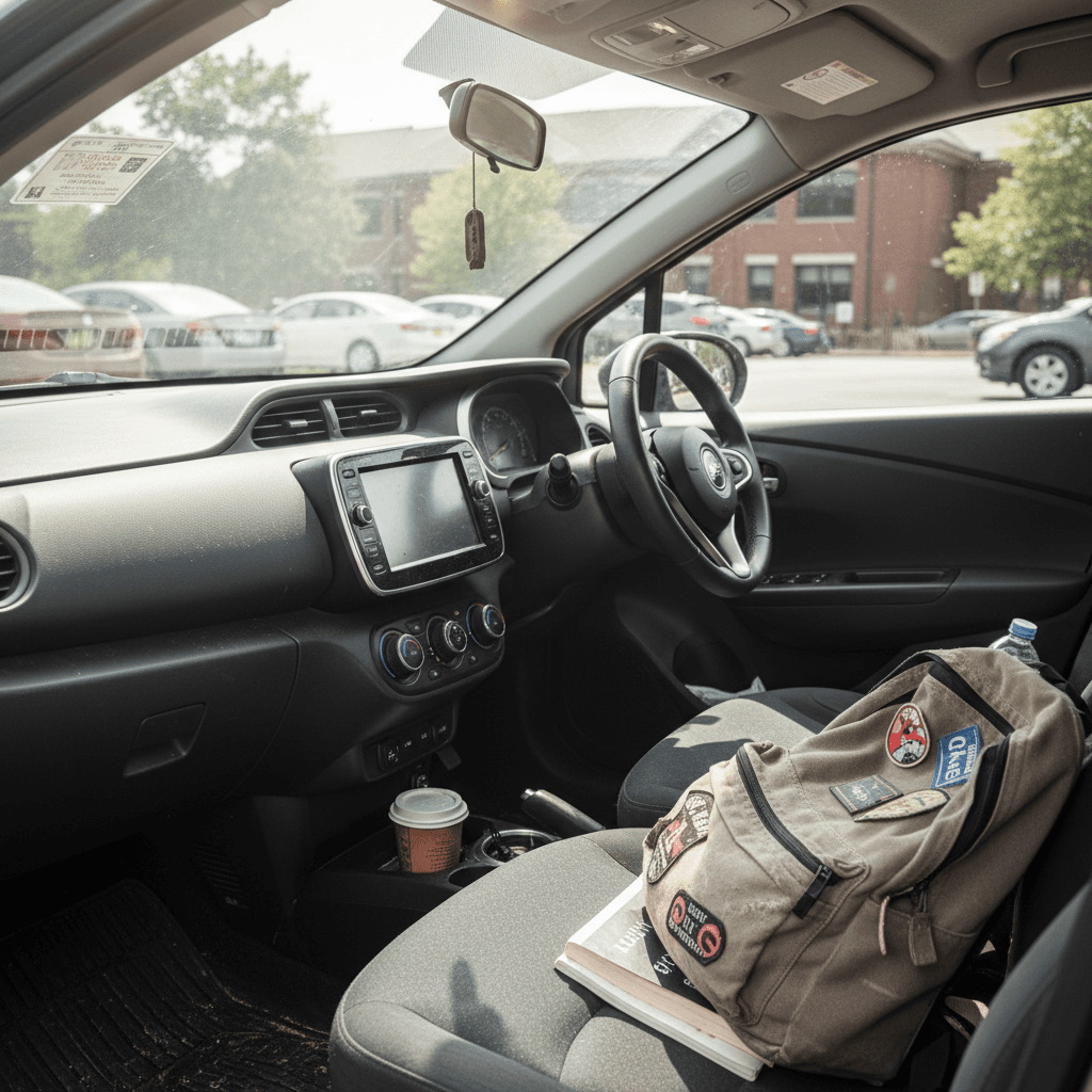Compact electric car parked in a college town lot with a backpack on the front seat