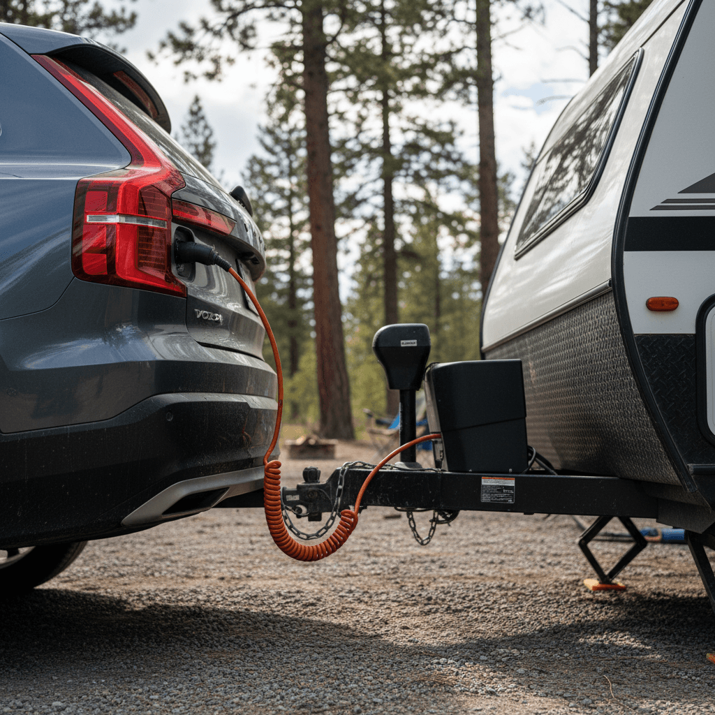 Volvo EX90 hitched to a small travel trailer parked near a DC fast charger