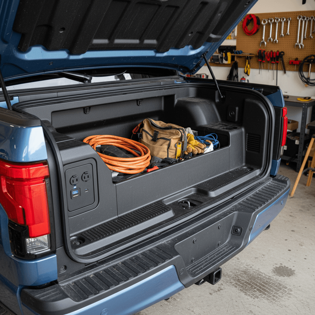 Ford F-150 Lightning Mega Power Frunk open, showing deep storage well and built-in power outlets