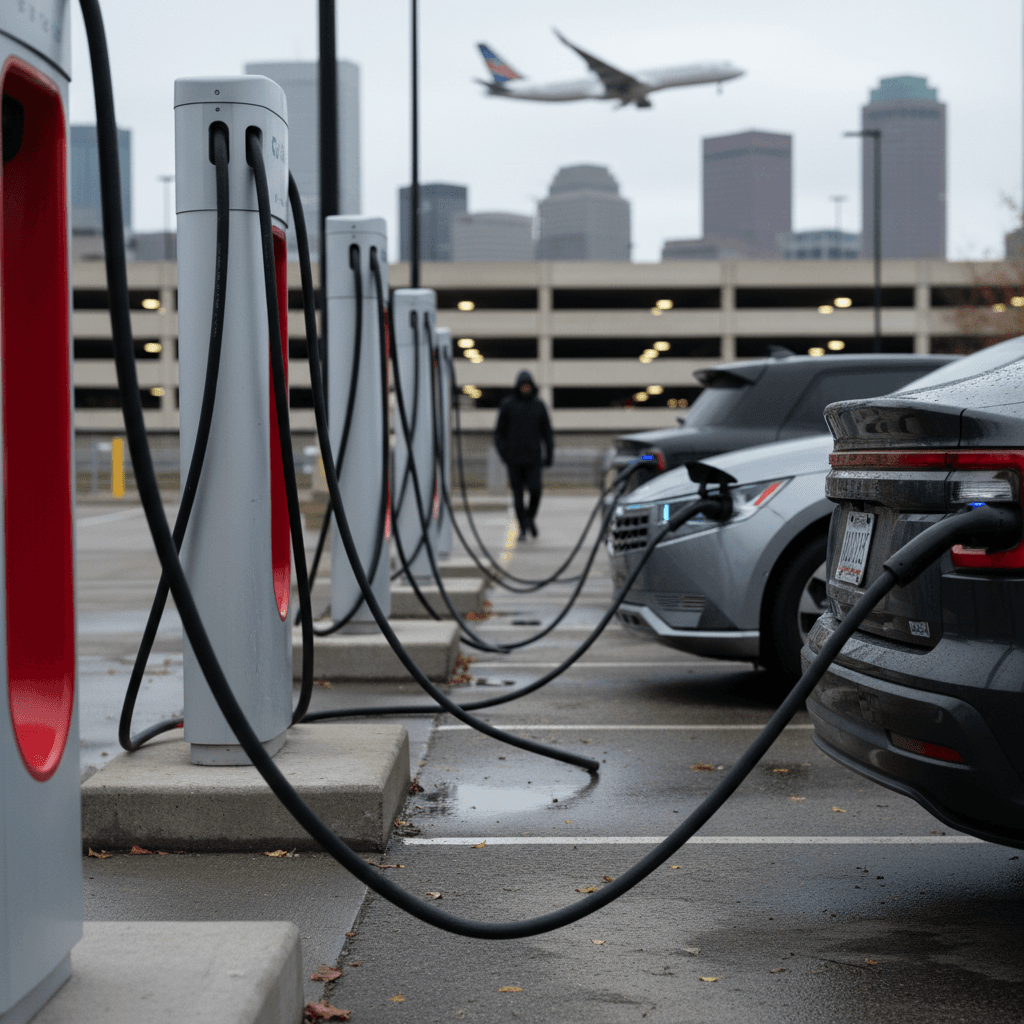 Electric vehicles plugged into curbside Level 2 chargers on a Boston neighborhood street in winter