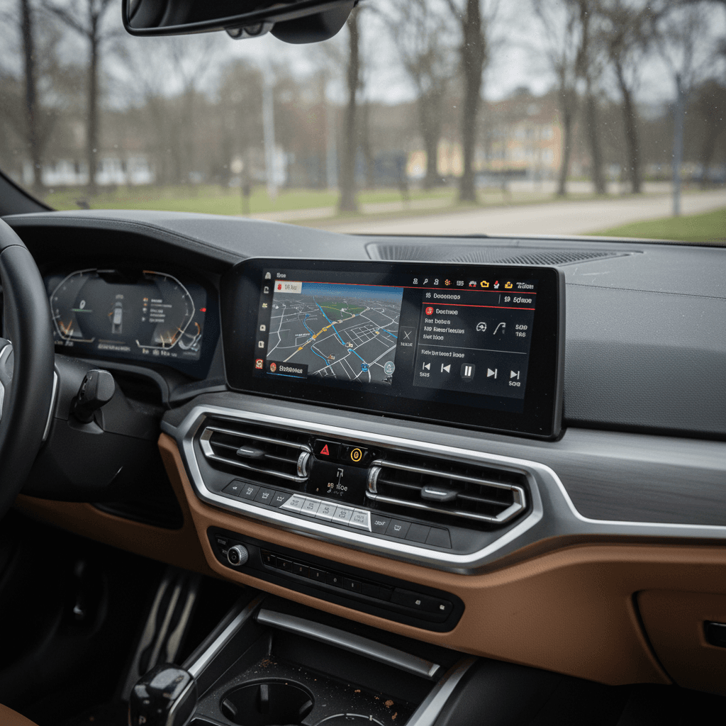 Close-up of BMW i4 dashboard and infotainment screen with several warning lights illuminated