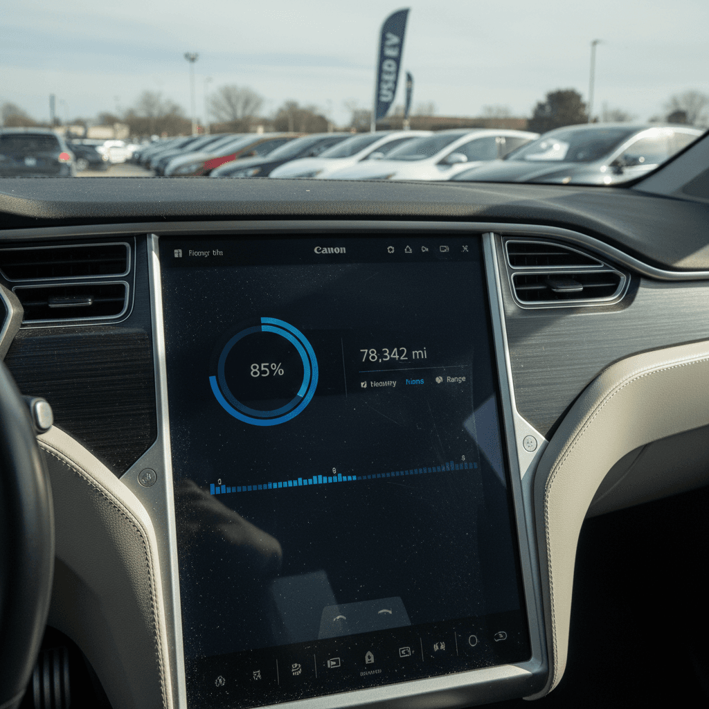 Tesla Model X center touchscreen showing battery state of charge and estimated range at a dealership