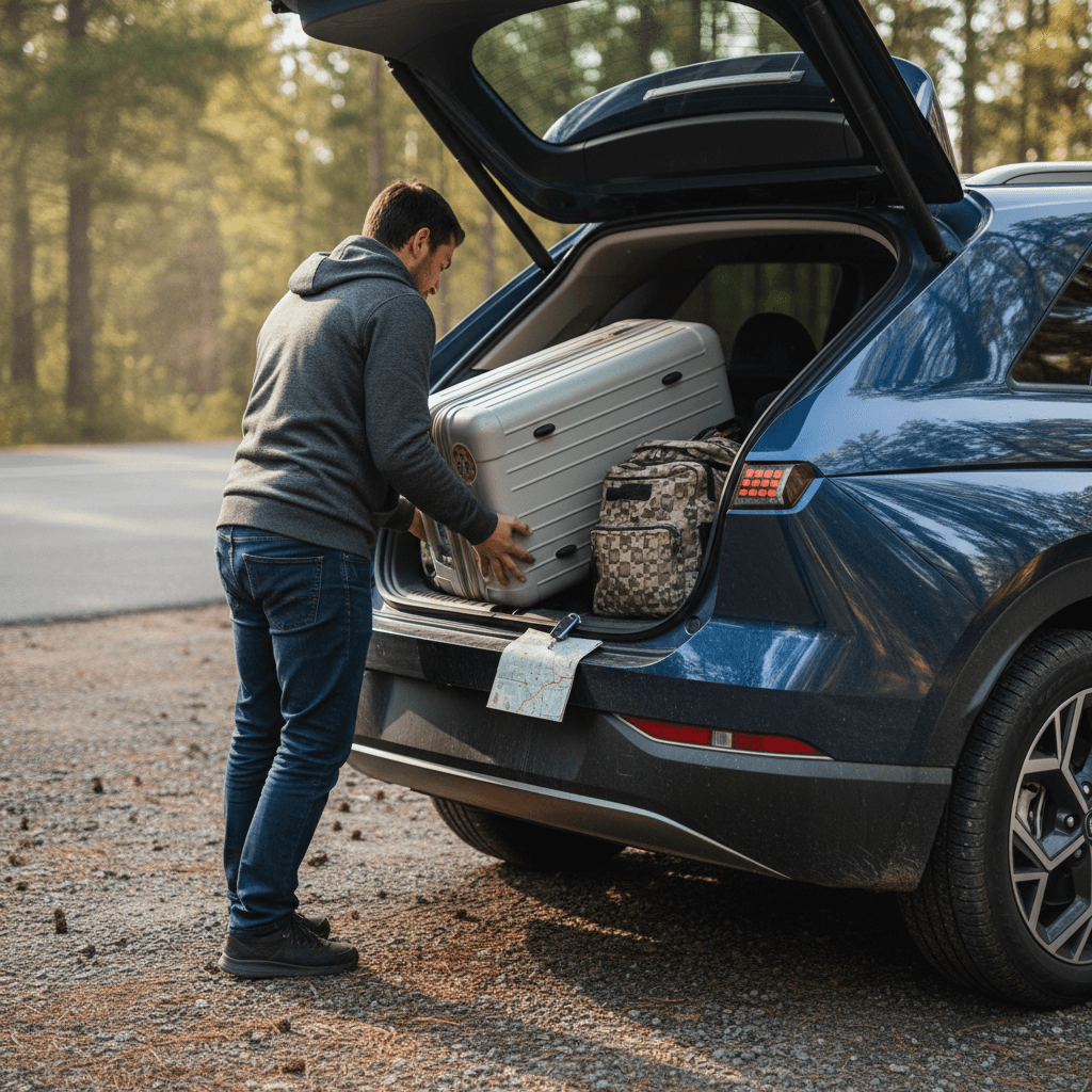 Family loading luggage into an electric rental car at an airport parking lot