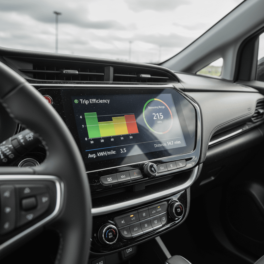 Energy screen of a 2022 Chevy Bolt EUV showing trip efficiency, remaining range, and miles per kilowatt-hour