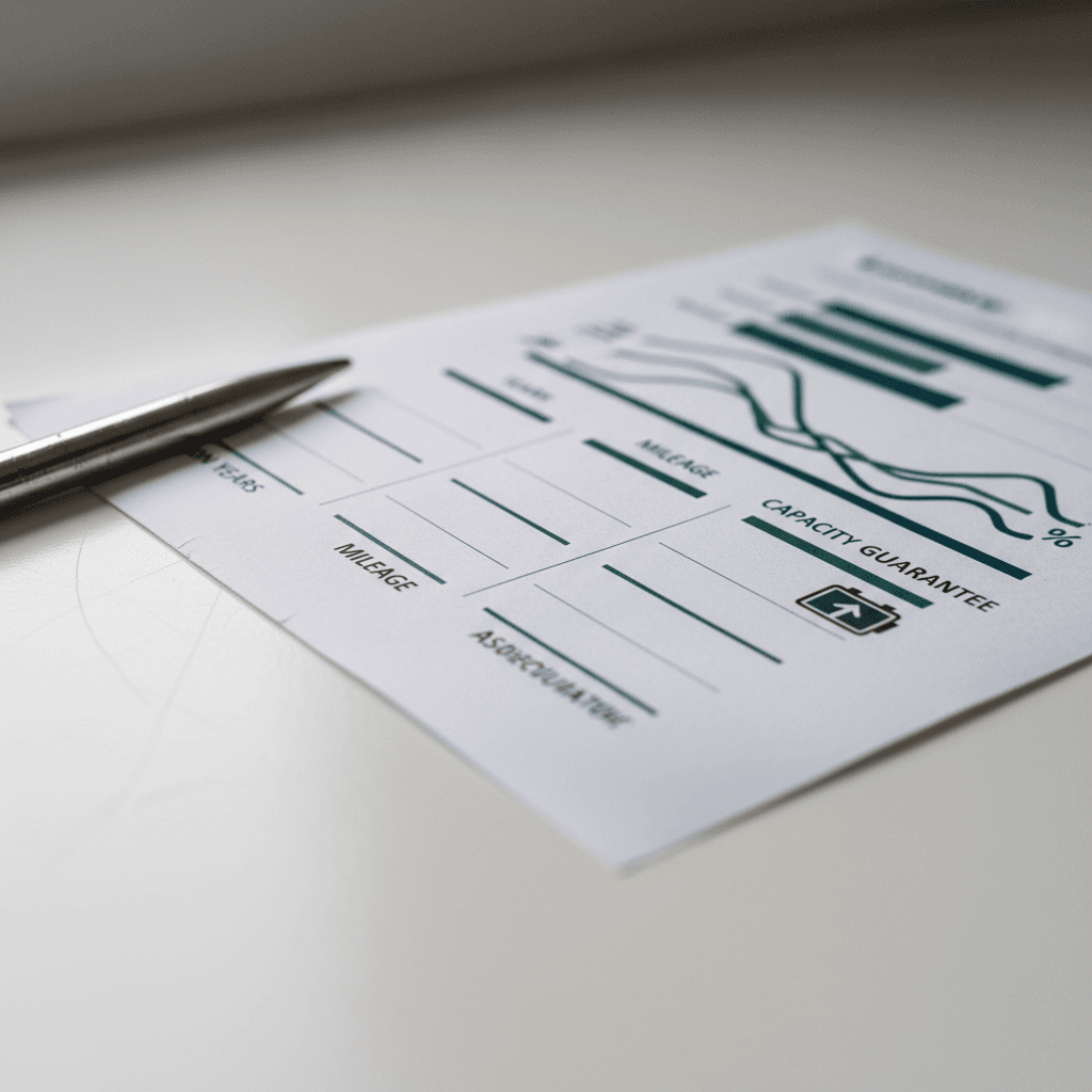 Clean comparison graphic showing EV battery warranty years, mileage limits, and capacity guarantees across several major brands