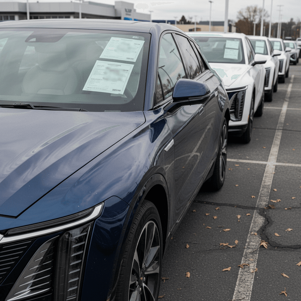 Lineup of used Cadillac Lyriq SUVs on a lot, highlighting the emerging used EV market