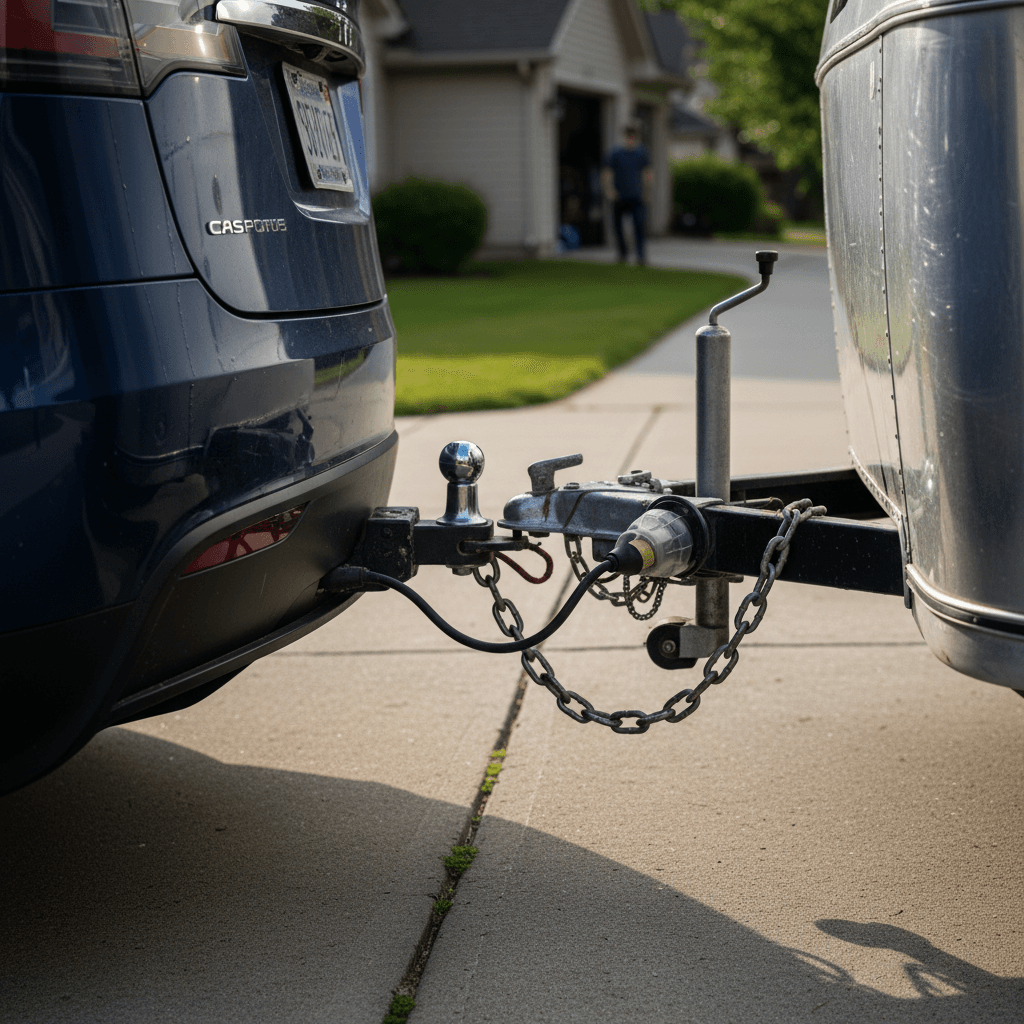 Tesla Model X tow hitch with trailer coupler and wiring connected in a residential driveway