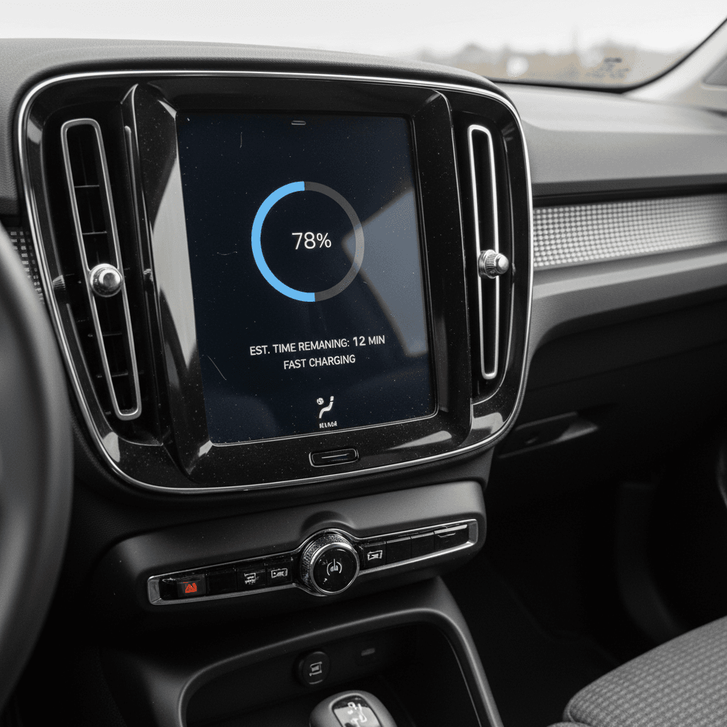 Close-up of a Volvo XC40 Recharge charging screen showing battery state of charge and DC fast charging power
