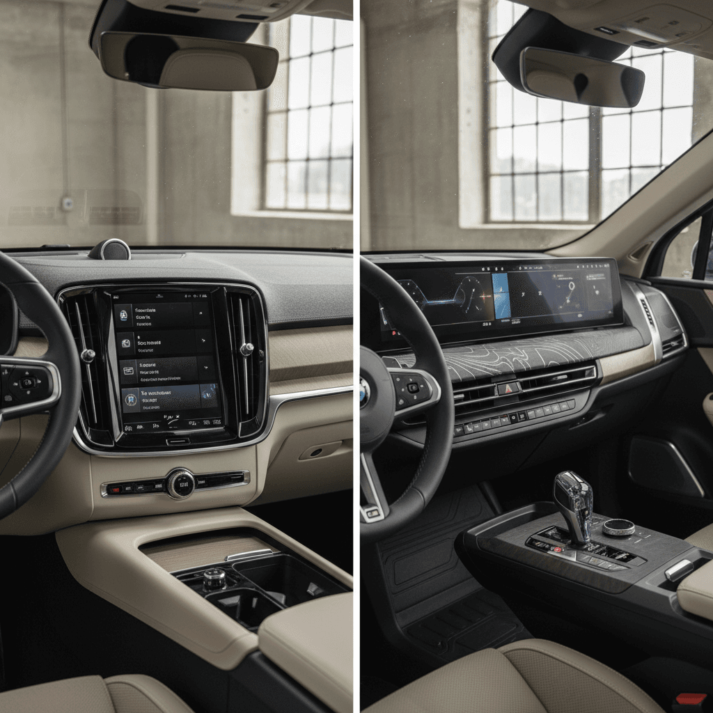 Side-by-side view of Volvo EX90 and BMW iX interiors showing different dashboard and seating layouts