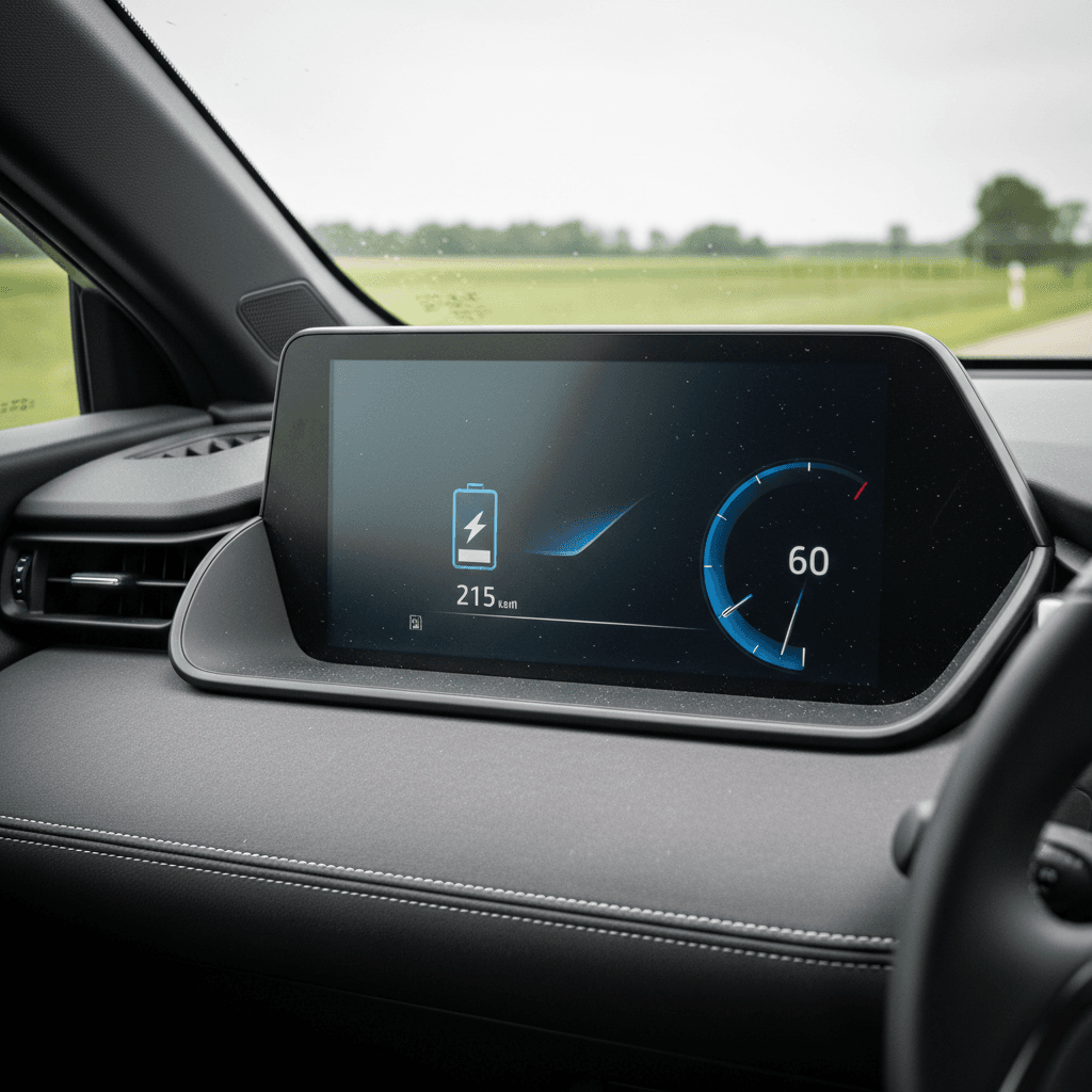 Toyota bZ4X dashboard showing remaining battery charge and estimated driving range during a highway trip
