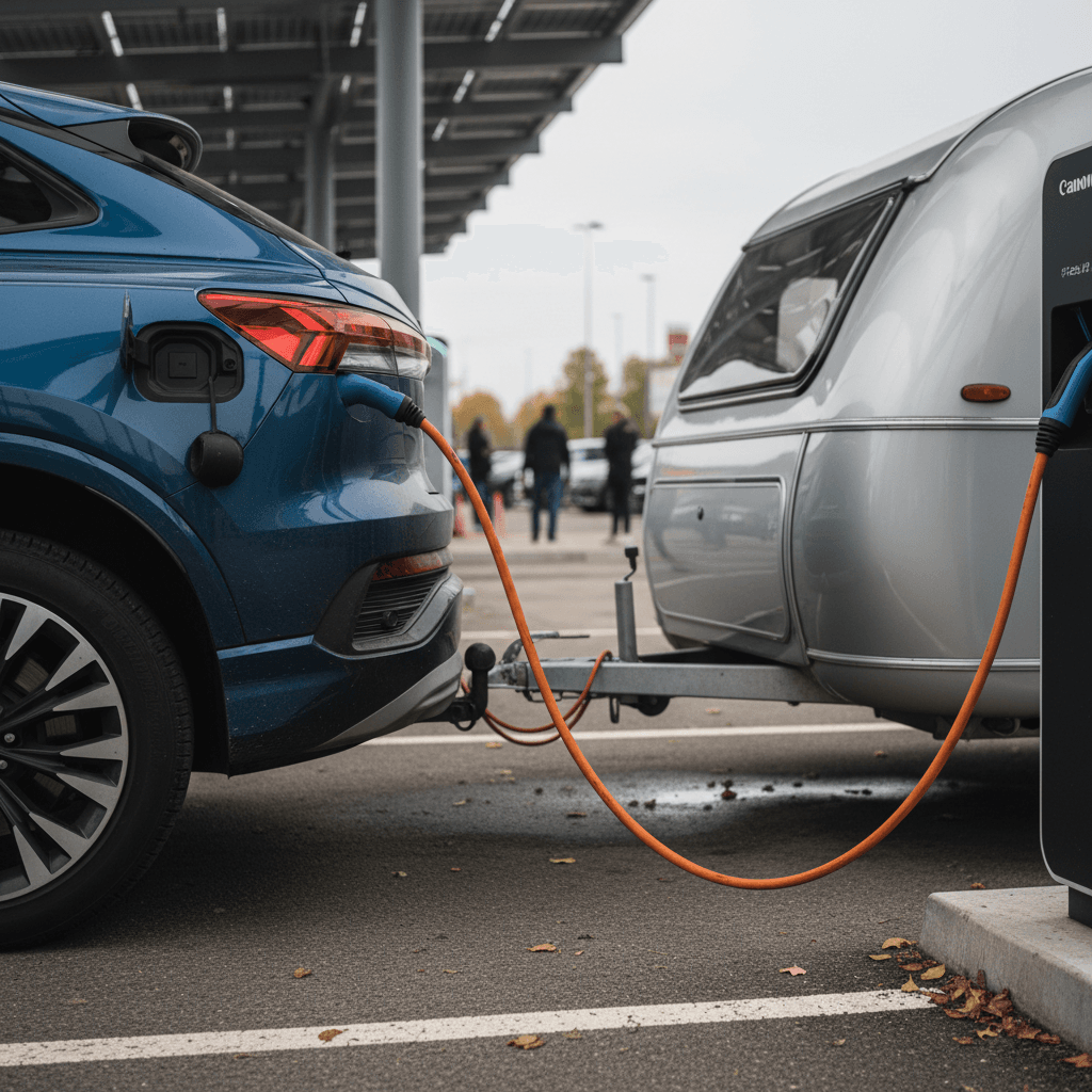 Toyota bZ4X driver watching energy consumption and range readout on central screen while towing a small trailer on the highway