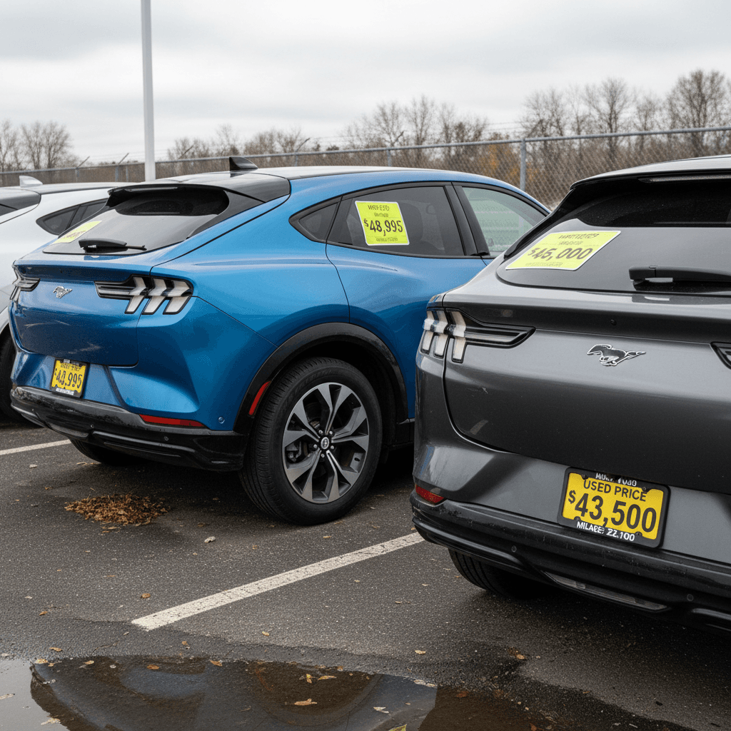 Used Ford Mustang Mach-E crossovers lined up on a lot with visible windshield price stickers