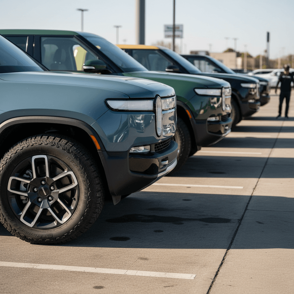 Lineup of used Rivian R1T electric pickup trucks parked on a dealer lot highlighting resale values