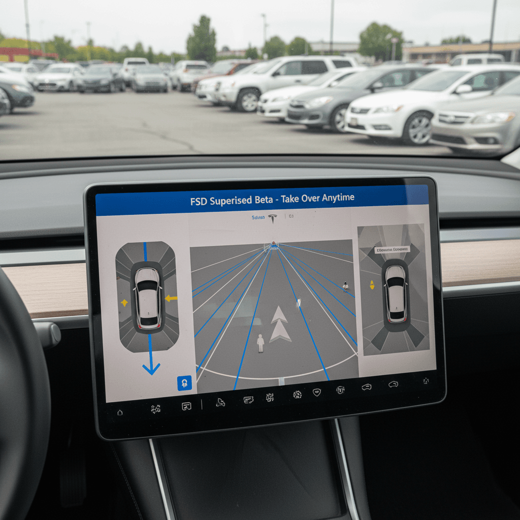 Tesla center screen showing Full Self-Driving Supervised status on a used vehicle