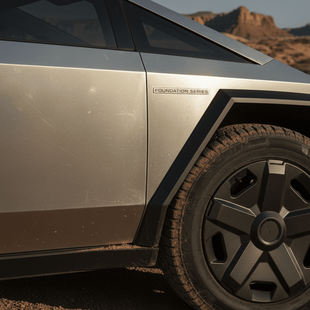 Close-up of Tesla Cybertruck Foundation Series badging and wheel in an outdoor setting