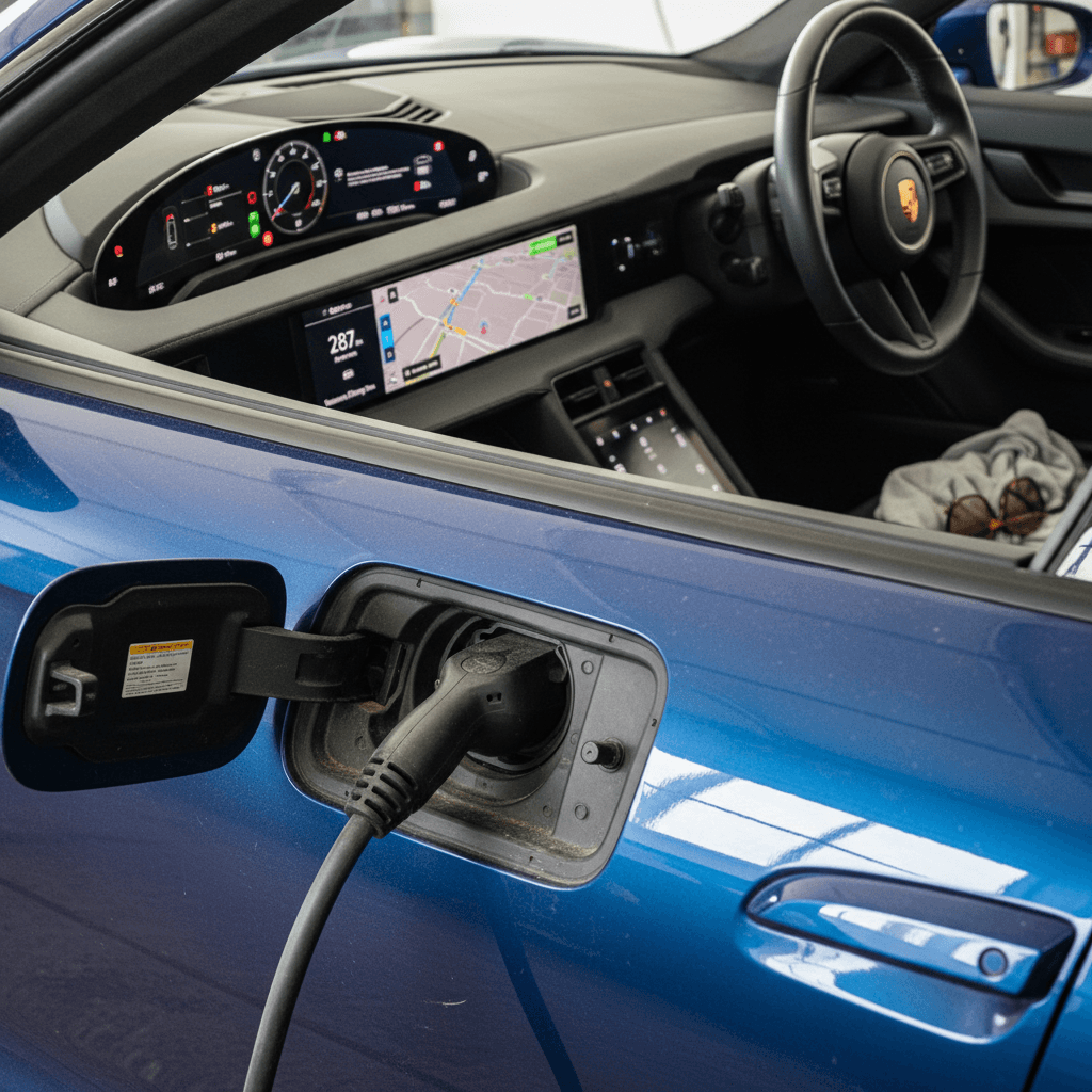 Close‑up of Porsche Taycan charging port and in‑car display showing range and battery information