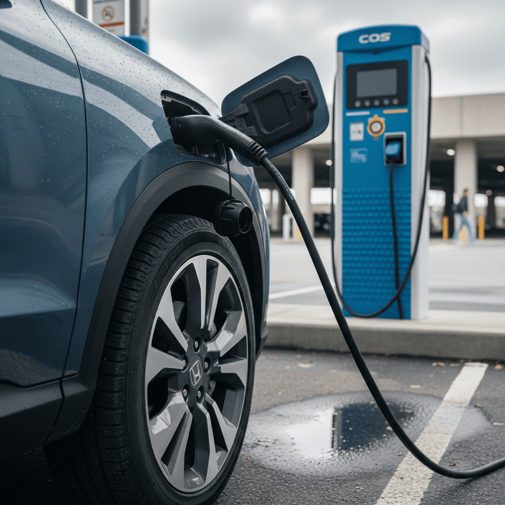 Honda Prologue charging at a public DC fast charger, close-up of wheel and charge port