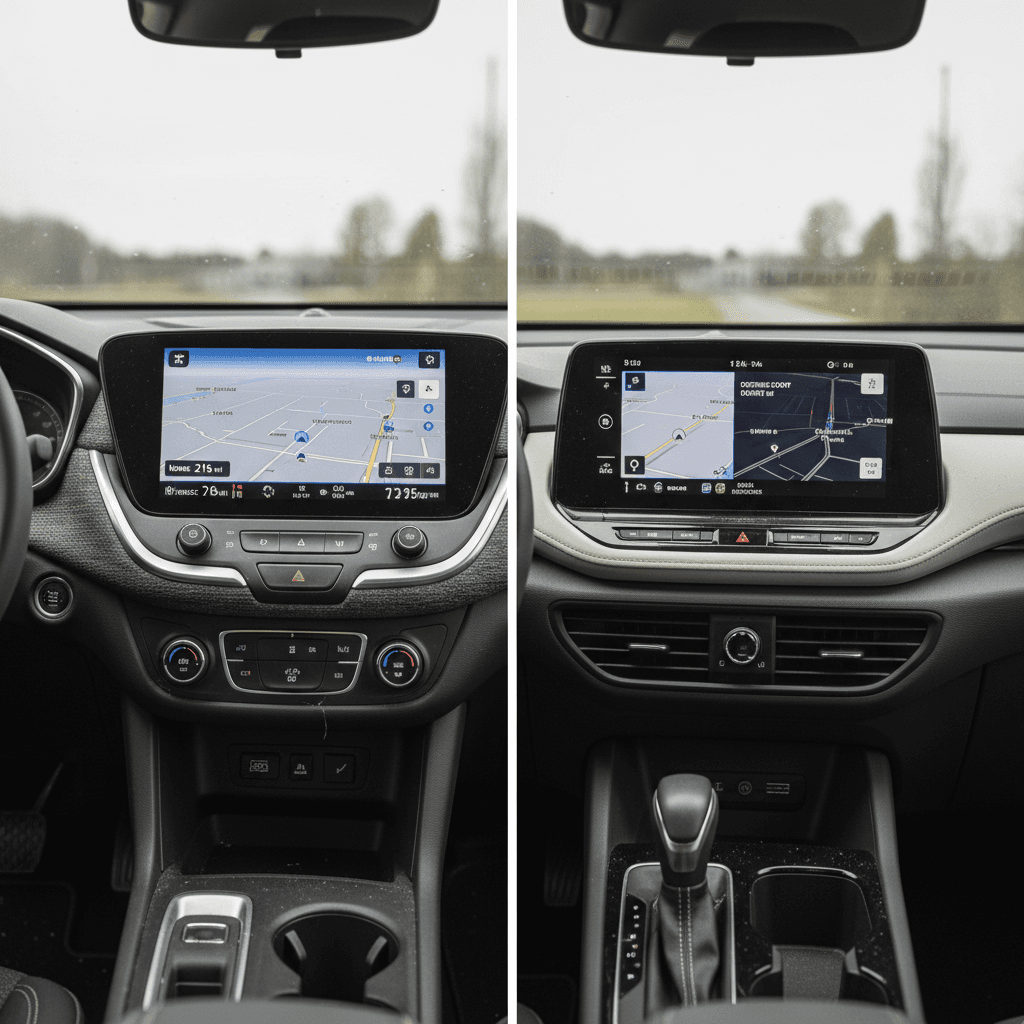 Cabins of the Chevy Blazer EV and Equinox EV highlighting the large central touchscreen and modern EV interior design.