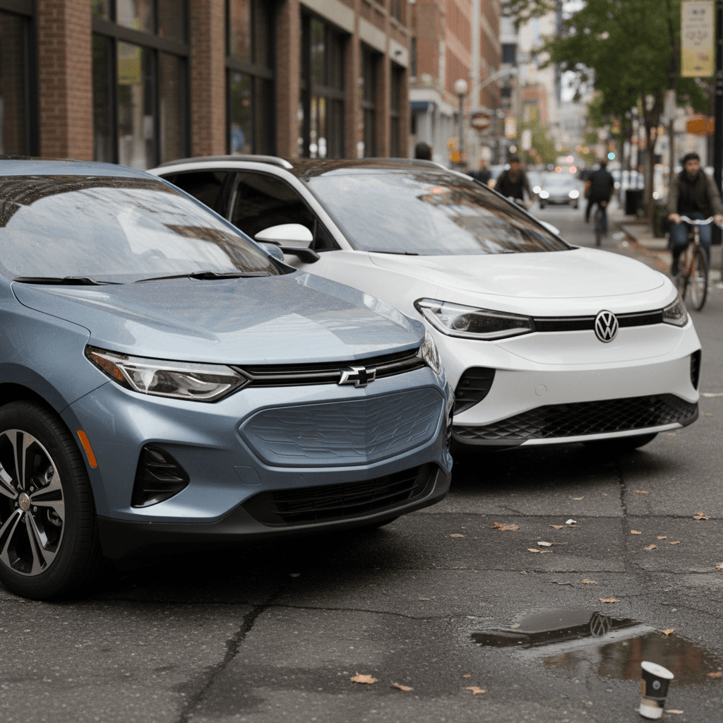 Chevy Equinox EV and VW ID.4 parked at a public DC fast charger, cables connected