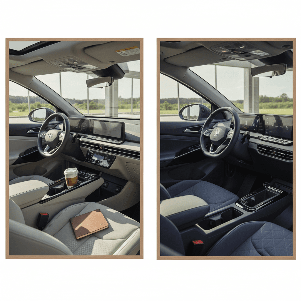 Side-by-side comparison of Hyundai IONIQ 5 and VW ID.4 interiors showing dashboard designs and seating space