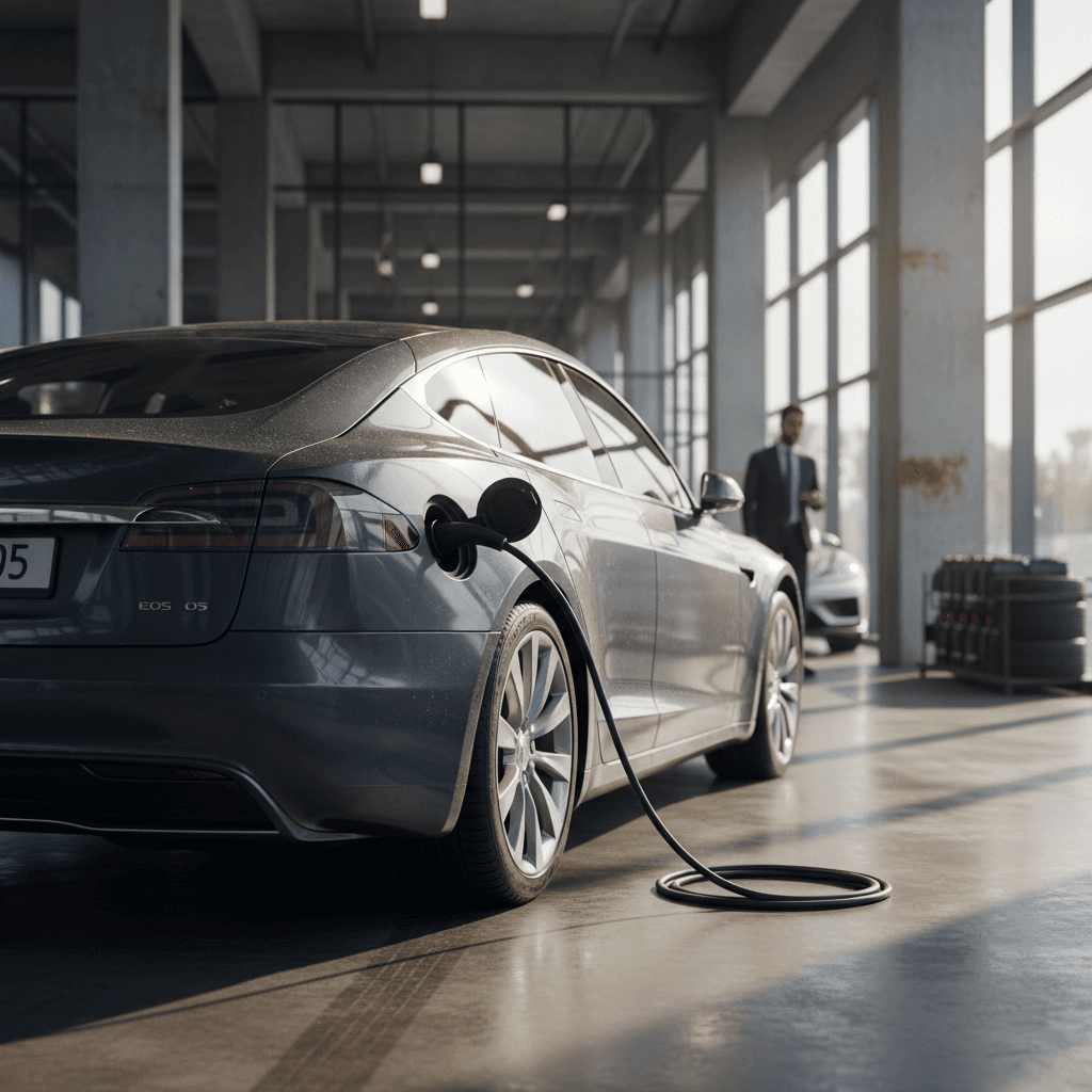 BMW i7 plugged into a home wallbox charger in a modern garage, rear view showing i7 badging and charge port