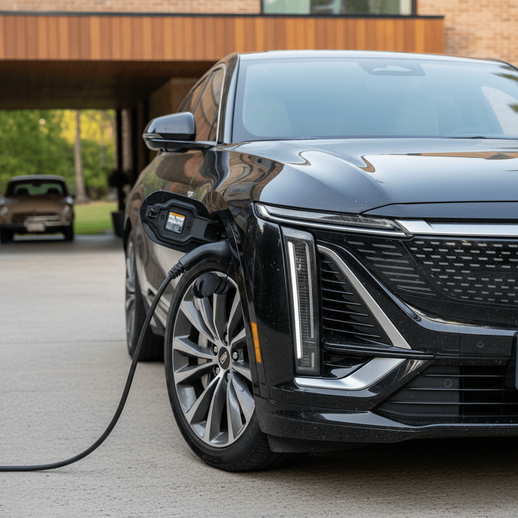 Close-up of a Cadillac Lyriq charging at home, highlighting the front wheel, headlight and charge port