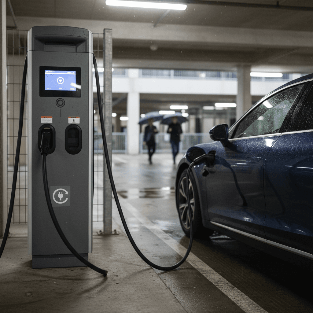 Electric cars plugged into free Level 2 chargers in a workplace parking lot