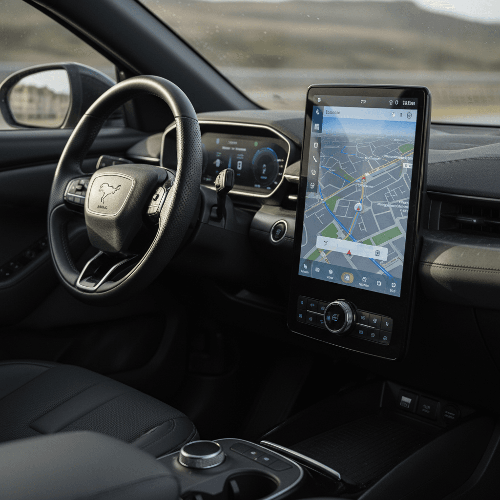 Interior of a 2025 Ford Mustang Mach-E showing the large central touchscreen and steering wheel