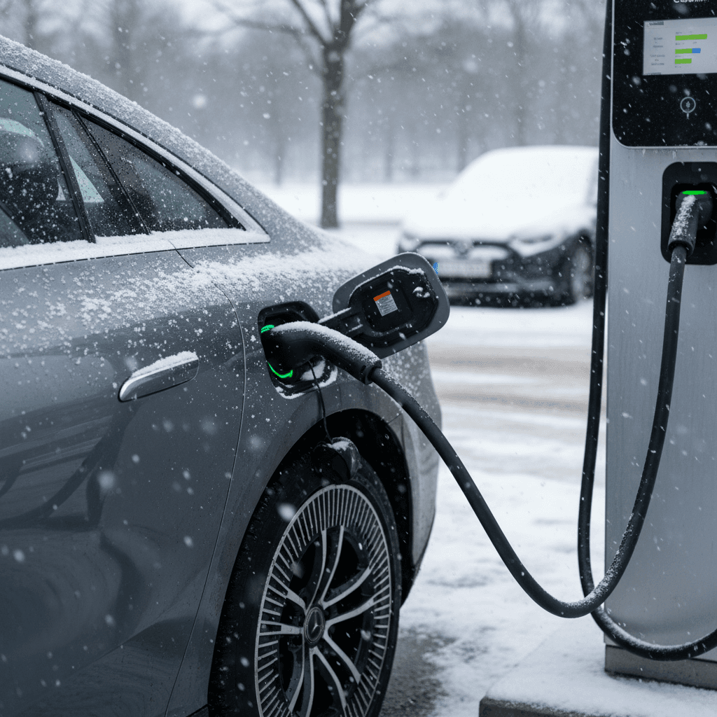 Audi Q8 e-tron charging at a public fast charger in a snowy parking lot with light snow on the ground